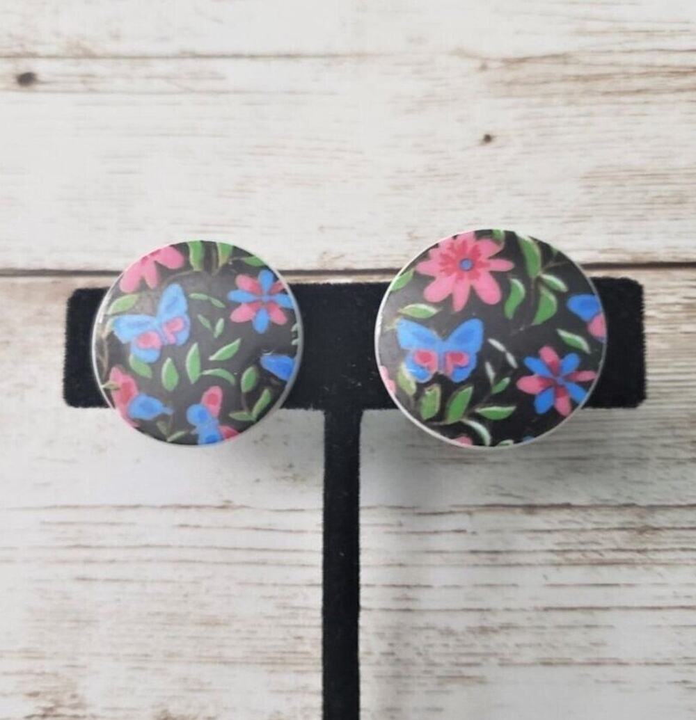 Vintage Clip On Earrings - Circle with Pink & Blue Flowers 1"